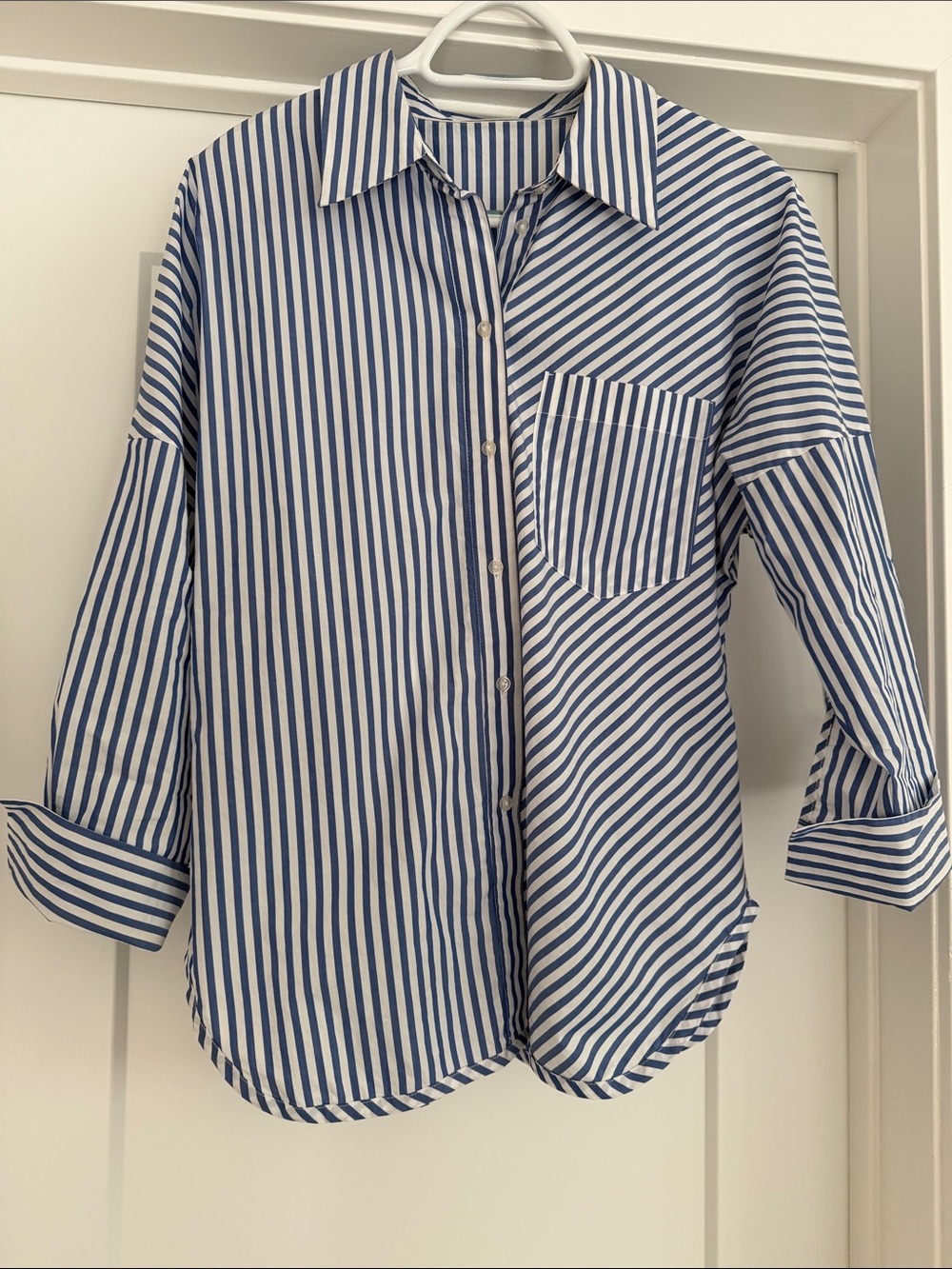 Mango Blue and White Striped Button-Down Shirt
